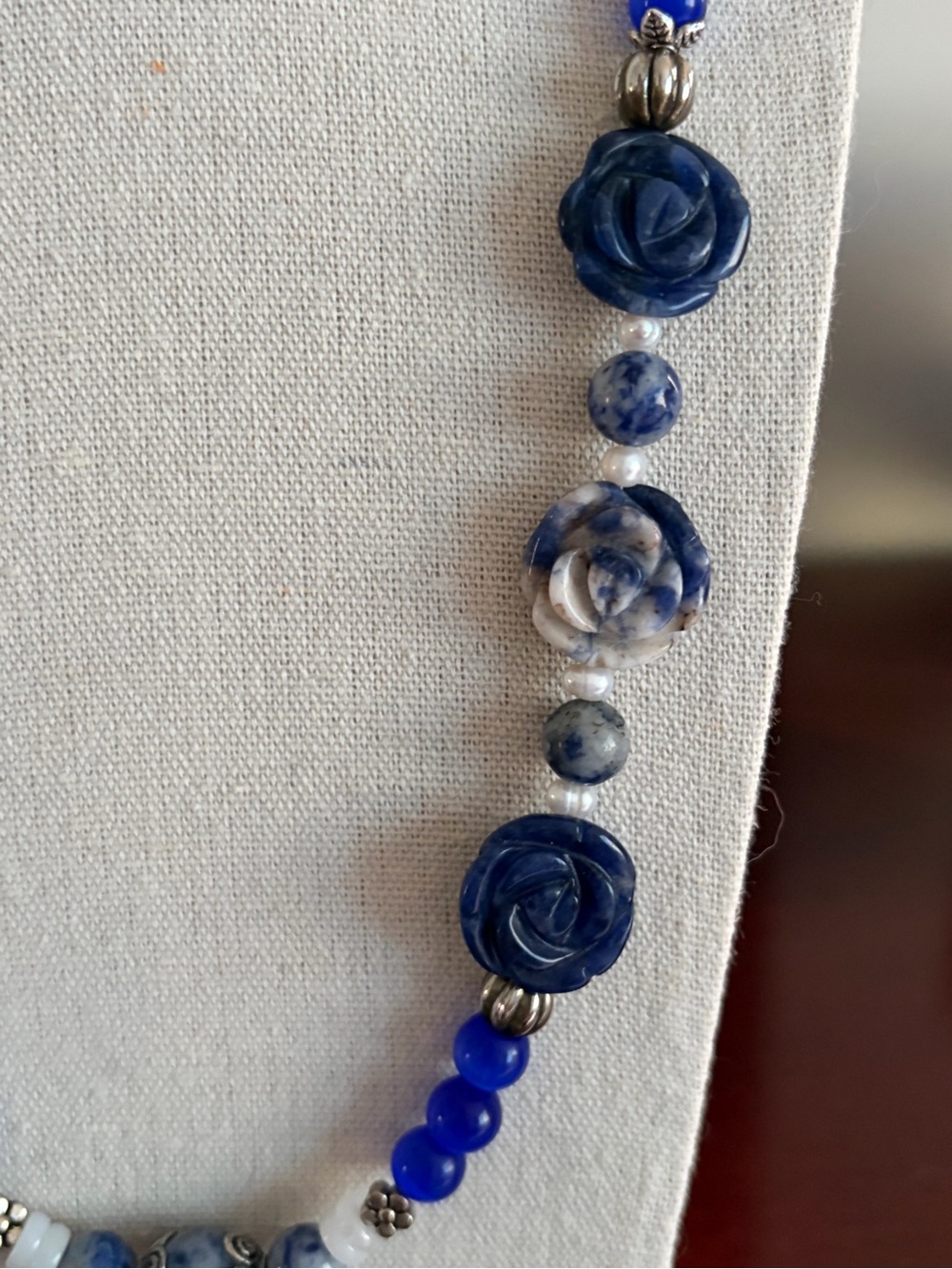 "Evening Roses"  Sodalite, Quartz, and Cats Eye Glass Artisan Necklace - Picture 3 of 6